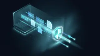 System DLP chroniący dane wychodzące z laptopa. Tarcza symbolizuje bezpieczeństwo informacji.
