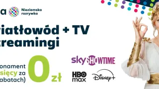 Netia oferuje światłowód i streaming z HBO Max. Promocja: 6 miesięcy za 0 zł. Kobieta w stroju bogini daje znak OK.