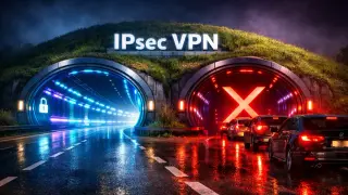 Dwa tunele, jeden z symbolem kłódki i niebieskim światłem, drugi z czerwonym X i samochodami. To metafora tunelowania VPN.