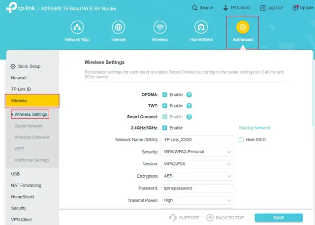 Ustawienia zaawansowane routera TP-Link. Jak sprawdzić częstotliwość Wi-Fi, wybierając "Wireless Settings" w menu po lewej stronie.