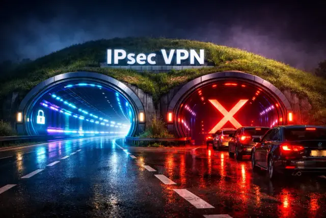 Dwa tunele, jeden z symbolem kłódki i niebieskim światłem, drugi z czerwonym X i samochodami. To metafora tunelowania VPN.